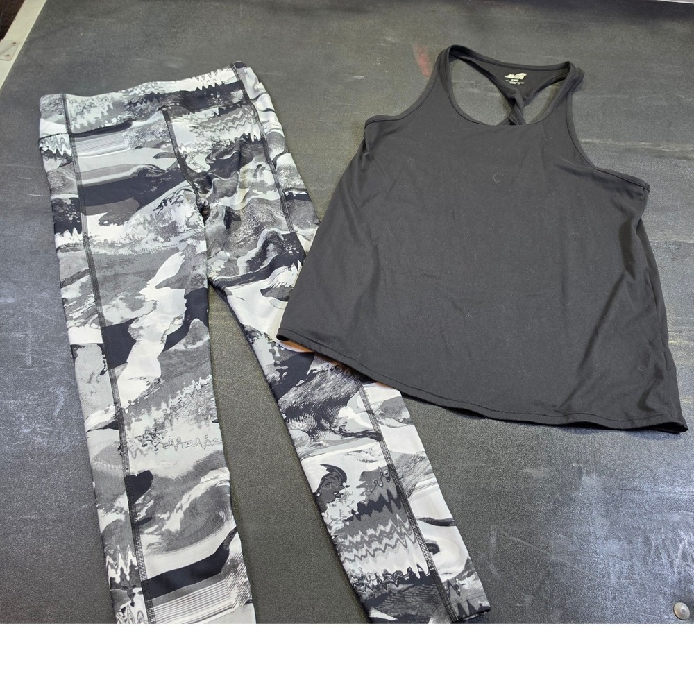 Avia Womens Activewear Set Black Racerback Tank Top and Abstract Print Leggings
